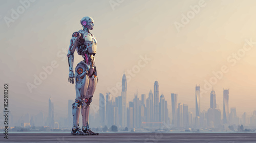 Futuristic humanoid AI robot overlooking a high-tech city skyline, symbolizing innovation, robotics evolution, and the transformative future of intelligent technologies.