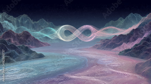 Abstract infinity-shaped AI data streams flowing through stylized pastel mountains, symbolizing connection, continuity, and the boundless future of intelligent digital systems.