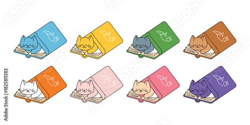 Calico Kitten Reading Book In Relaxed Sleeping Pose, Simple Cartoon Character In Clean Doodle Style, Charming Pet Symbol For Logos And Decorative Projects, Vector Illustration