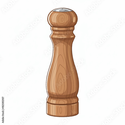 Isolated Wooden Pepper Mill Grinder. Kitchen Seasoning Tool Illustration on White Background.