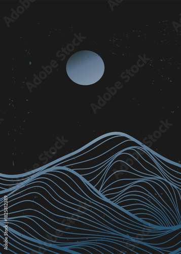 Minimalist Mountain with line art texture. Abstract mountain landscapes backgrounds. mountains range, hills and moonlight. use for wall art prints, poster Art Decoration, banner