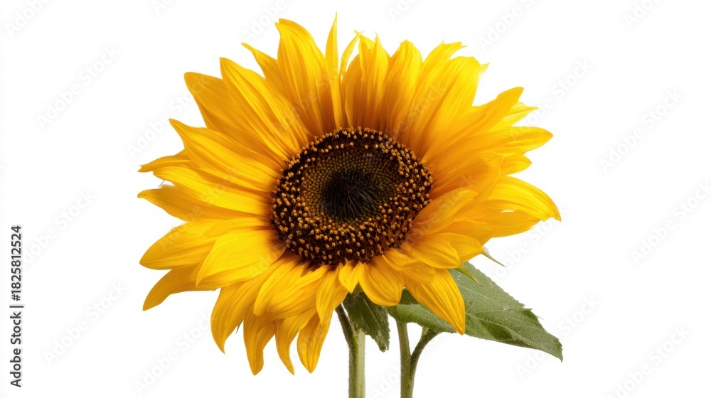 Fototapeta premium A vibrant yellow sunflower stands tall against a clear background showcasing its large petals and intricate center. This flower reflects the warmth of sunny days symbolizing happiness.