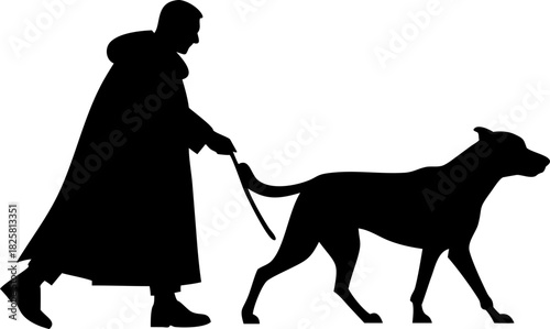 Silhouette of a person walking a large dog on a leash