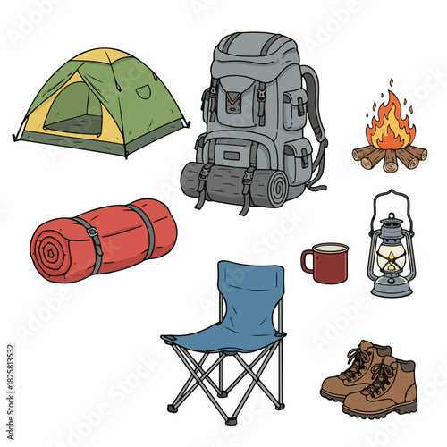 Camping Equipment Set: Tent, Backpack, Sleeping Bag, Campfire, Lantern, and Chair for Outdoors.