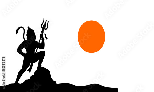 Hanuman silhouette holding Trident, Hindu warrior god icon, saffron orange sun circle, spiritual devotion black vector art, mythology design element