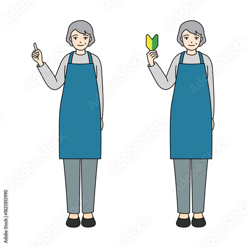 Senior woman in apron pointing up and holding a beginner mark with pants