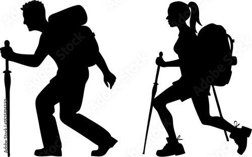 Silhouette of a couple hiking with backpacks and trekking poles on a journey