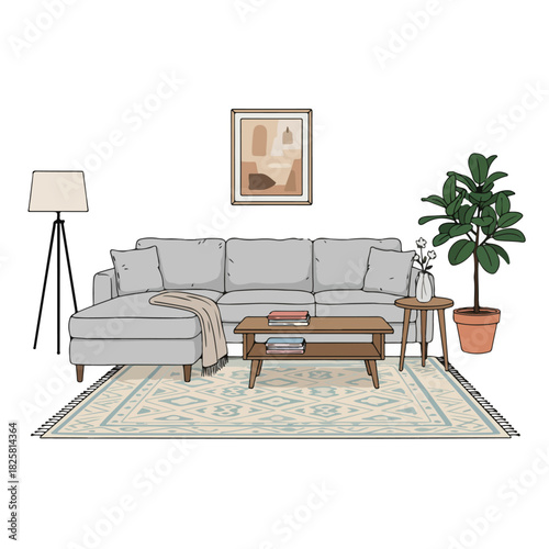 Modern Living Room Interior Illustration: Sectional Sofa, Coffee Table, Houseplant & Home Decor.