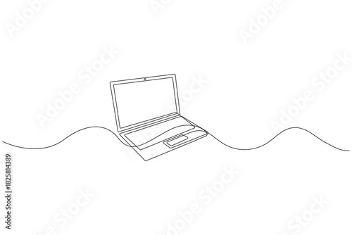 Laptop modern continuous one line drawing minimal business device isolate outline vector illustration on white background.