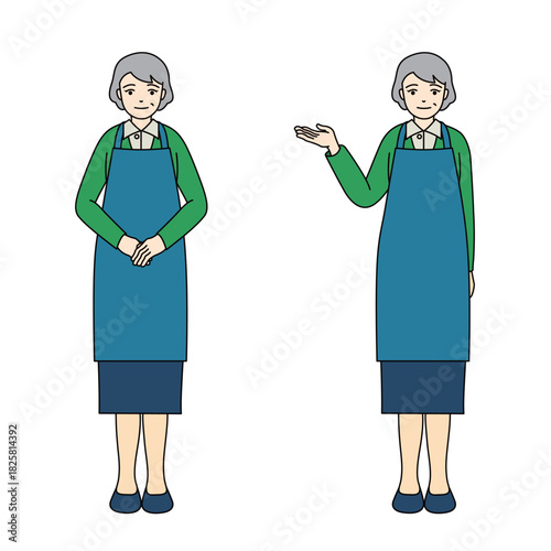 Senior woman in blue apron and green shirt greeting and guiding with skirt