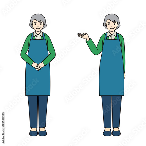 Senior woman in blue apron and green shirt greeting and guiding