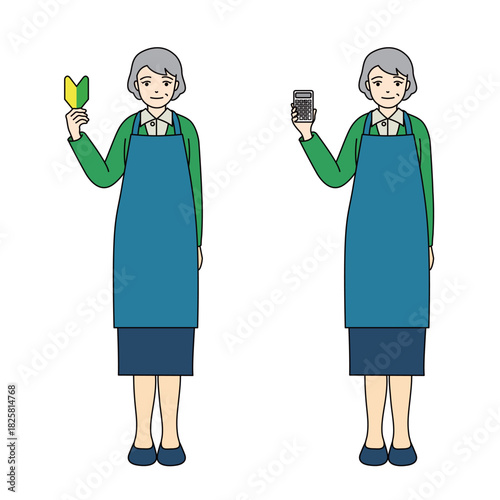 Senior woman in apron with beginner mark and calculator with skirt