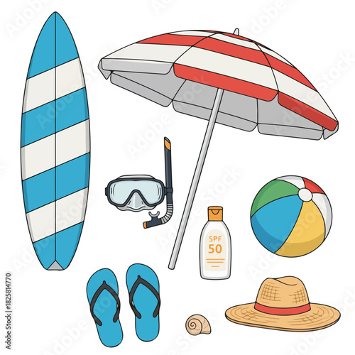 Pixel Art Summer Beach Vacation Essentials Set Isolated