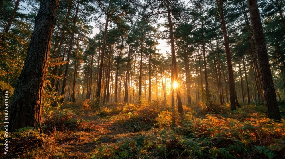 Fototapeta premium Sunlight streams through tall trees in a serene forest illuminating ferns and highlighting the beauty of nature during early morning hours.