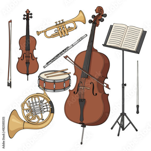 Orchestral Musical Instruments Assortment. Symphony Orchestra Ensemble Elements on White.
