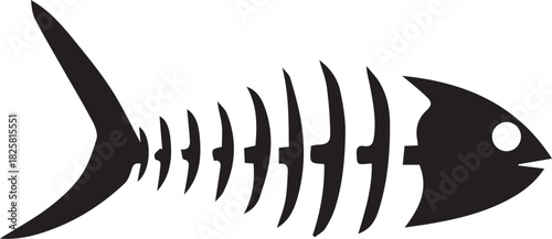 Black and white vector illustration of stylized fish skeleton with bold silhouette and segmented rib design for symbolic artwork