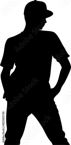 Black silhouette of a young man in a cap posing