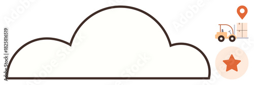 Cloud outline with forklift carrying boxes, location pin, and star icon. Ideal for logistics, data storage, navigation, supply chain, inventory management, cloud computing simple flat metaphor