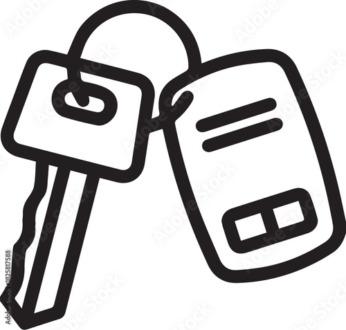 Black and white vector illustration of car key with jagged edge and key fob featuring buttons and ring attachment