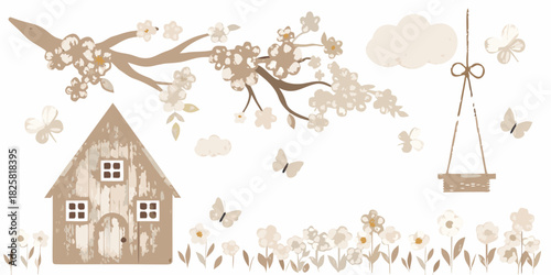 Whimsical springtime scene with house blossoms and butterflies illustration