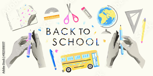 Back to school illustration with school supplies and hands