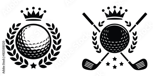Crowned Golf Ball Sports Emblem Vector Collection, Laurel Wreath and Crossed Clubs Designs, Perfect for Championship Badges, Trophies, Golf Events, and Victory Celebration Graphics