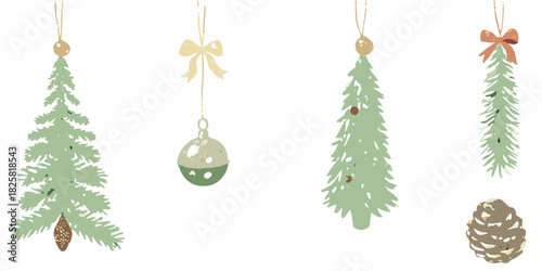 Hand drawn christmas ornaments and pinecone on white background