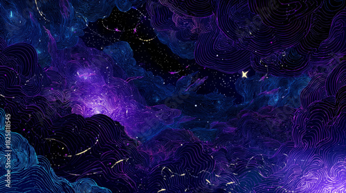 Mesmerizing celestial line-art waves swirling across a luminous star-filled night sky, creating a dramatic futuristic cosmic background perfect for modern presentations.