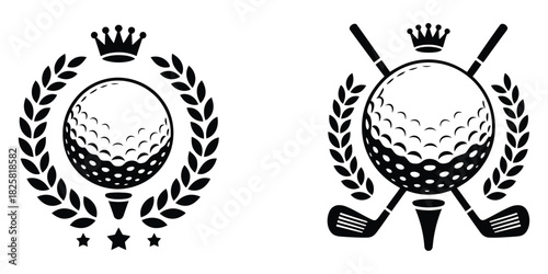 Victorious Sports Emblems Vector Set Featuring Crowned Golf Balls, Laurel Wreath, and Crossed Clubs, Ideal for Championship Badges, Trophy Designs, Golf Tournament Logos, and Athletic Branding
