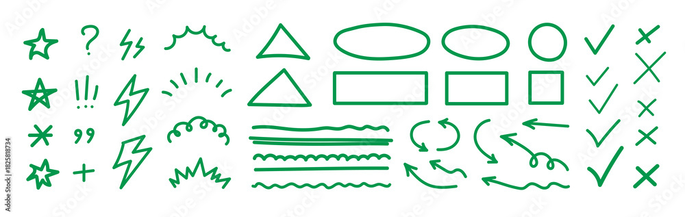 Obraz premium Line mark icon pack. Pencil crayon arrows, cross sign, text quote frames, stars and check emphasis elements for infographic text design. Hand drawn line check mark elements. Vector illustration