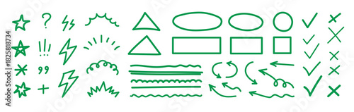 Line mark icon pack. Pencil crayon arrows, cross sign, text quote frames, stars and check emphasis elements for infographic text design. Hand drawn line check mark elements. Vector illustration