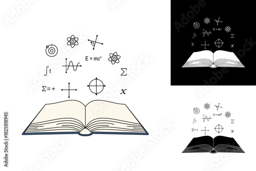 An open book with scientific and mathematical symbols, conceptualizing knowledge, learning, and discovery in education and various fields of study