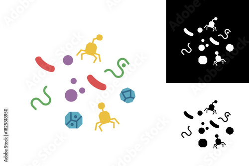 Colorful illustration depicting a diverse group of microorganisms, including various bacteria, viruses, and microscopic life forms, symbolizing microbiology and health