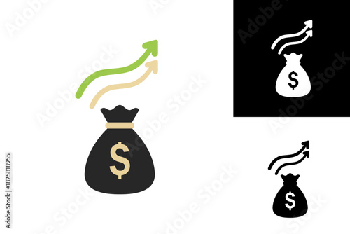 Iconic representation of financial growth, depicting a money bag with a dollar symbol and upward-trending arrows, symbolizing increasing wealth, profit, and investment success