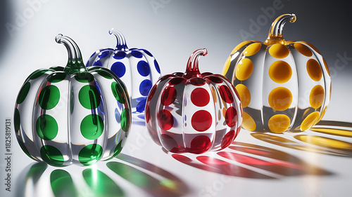 Artistic Pumpkin Display: A captivating composition featuring four artful glass pumpkins. Each pumpkin showcases a unique colored dot pattern, offering a playful and sophisticated touch.