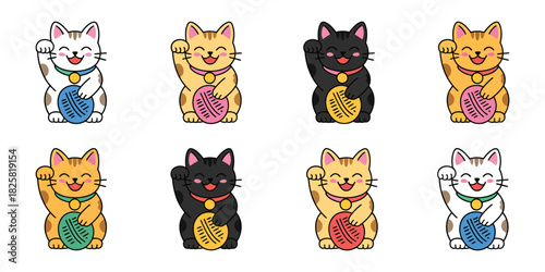 Calico Munchkin Cat Playing With Yarn Ball, Cute Neko-Style Kitten Character Designed As Clean Cartoon Icon And Isolated Symbol For Pet-Themed Artwork And Decorative Projects, Vector Illustration
