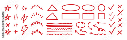 Line mark icon pack. Pencil crayon arrows, cross sign, text quote frames, stars and check emphasis elements for infographic text design. Hand drawn line check mark elements. Vector illustration