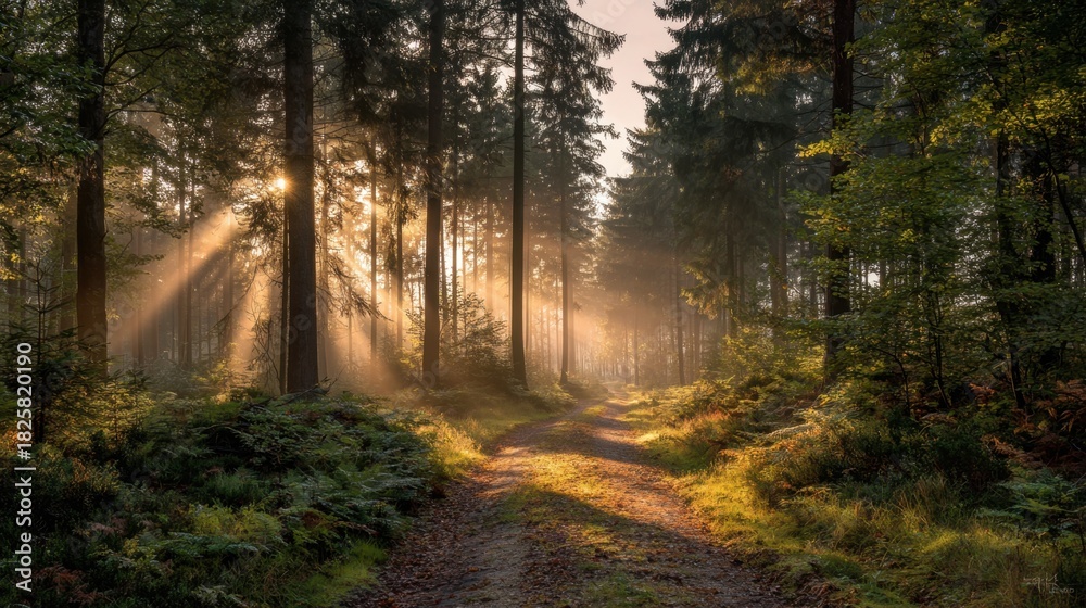 Naklejka premium Golden rays of sunlight pour through tall trees in a tranquil forest casting a warm glow on the winding path. Morning mist adds to the peaceful atmosphere.