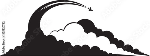 Airplane soaring above clouds with a dynamic curved flight path