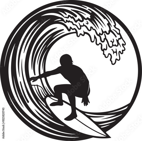 Surfer riding a barrel wave in a circular artistic silhouette