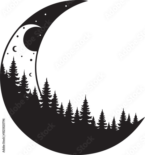 Crescent moon forest silhouette night sky with stars vector design