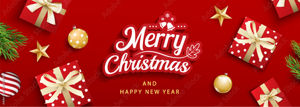 Obraz premium Merry christmas and happy new year holiday season greeting card design template.