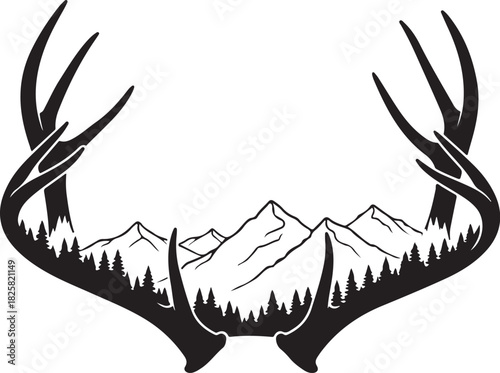 Deer antlers framing a mountain and pine tree forest landscape.