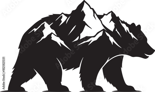 Black silhouette of bear with integrated mountain range design