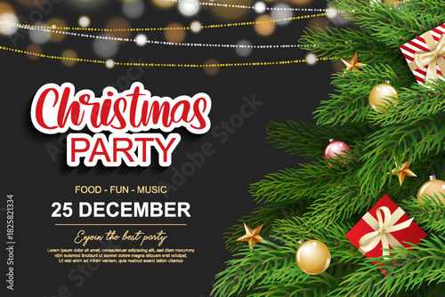 Christmas party invitation poster with festive tree and light bokeh background.