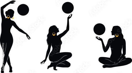 Set of three black silhouettes of elegant women dancers posing with spheres