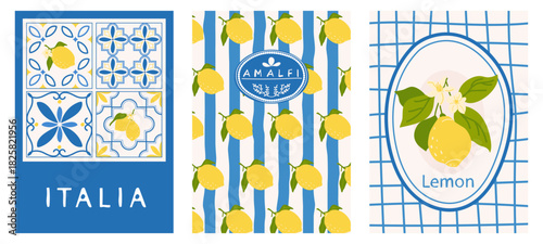 Italian sketch Italian Lemon. Retro-style illustration with lemons, a striped background, and blue tiles, hand-drawn.