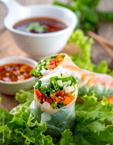 Colorful spring rolls with dipping sauce on a bed of fresh greens