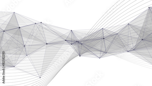 Abstract Dynamic White Tech Background with Grey Wireframe Wave with Polygonal Mesh. Futuristic Data Flow, Neural Network Concept, & 3D Geometry for Business Presentations.