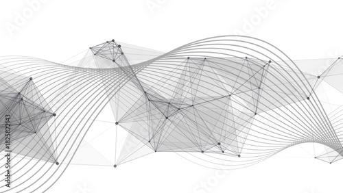Abstract Dynamic White Tech Background with Grey Wireframe Wave with Polygonal Mesh. Futuristic Data Flow, Neural Network Concept, & 3D Geometry for Business Presentations.